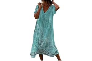 SUSENSTONE 2024 Robe Coton et Lin Femme Col V D'été Robe Longue Boheme Chic et Elegant Décontractée Maxi Dress Grandes Tailles Jupe Lâche Couleur Unie Chic Robe de Plage Vacances Casual Vêtement Lin Femme