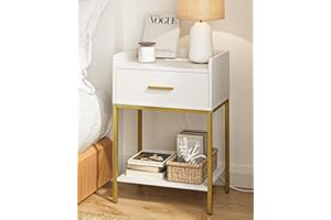 HEYZOEY Nachttisch, 3 Ebenen Nachtschrank mit 1 offenen Ablagen und 1 Schublade, Modern Boho Nachtkommode mit Gold Bein für Boxspringbett, Schlafzimmer, Wohnzimmer, Weiß/Gold