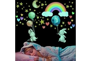 CHUAINXIN Pegatinas de Pared Conejo Fluorescente, Luminosas Arcoíris Adhesivos de Pared Decoración, Vinilos Infantiles Pared Luna Estrellas Luminosas, Wall Sticker para Guardería Dormitorio Habitación de Niño