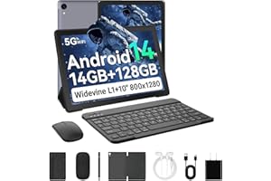 Laptok Android 14 Tablet 10 Pulgadas, 14GB +128GB+1TB, WiFi6/BT5.2/5000mAh, 8+5MP/1280 * 800/Widevine L1, Tablet PC con Stylus, Funda Protectora, Ratón Inalámbrico, Auriculares, Teclado Bluetooth