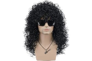 VGbeaty Lång svart lockig peruk för män, 70-talet, 80-talet, rocker, karneval, halloween, cosplay, utklädnad, fest