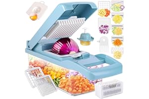 PIMDYGO Coupe Legumes Multifonctions, Professionnelle Mandoline Cuisine, Coupe Legumes Manuel, Mandoline Multifonctions, Decoupe Legumes à 8 Lames Réglable Pour Trancher, Couper Et Râper Les Légumes (Bleu)