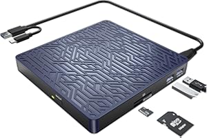 ‎LPUNCD LPUNCD Externes DVD Laufwerk USB 3.0 & Type-C, 5 in 1 Externer CD DVD Brenner mit 2 USB, 1 Micro USB, 1 SD/TF Ports, Kompatibel mit Laptop/Desktop/MacBook, Win11/10/8/7/XP/Vista/Linux/MacOS, Blau