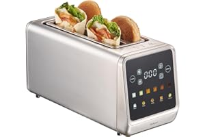 Yabano Grille-Pain 4 Tranches avec Écran Tactile & Fonction Mémoire, Technologie Single-Slice, Minuteur, Fonctions Décongélation & Réchauffage, Grille-Pain Inox avec 6 Niveaux de Brunissage & 5 Progra