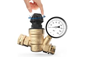 RVGUARD RV Water Pressure Regulator Valve With An Adjustable Knob, NO Tool Required, Brass Lead-Free Water Pressure Reducer with Gauge and Inlet Screen Filter for RV Camper Travel Trailer