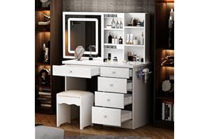 DEZAGCE Grande tavolo da toeletta con illuminazione a 3 colori, specchio e sgabello, tavolo da toeletta con 5 cassetti, tavolo da toeletta con 4 ripiani, bianco, 50 x 100 x 136 cm, MDF