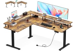 OffiGo biurko z regulacją wysokości Narożne, 150x120 cm Biurko z elektryczną z gniazdkiem, standing desk elektryczne w kształcie litery L z podstawą na monitor, Brązowy