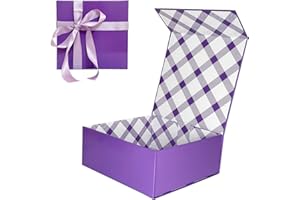 Tekhoho Caja de Regalos Púrpura 21,5x21,5x9 cm, Caja de Regalos Premium con Tapa MagnéTica y Cinta para Embalaje de Regalos de Bodas y CumpleañOs, Forro a Cuadros