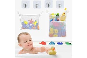 KUOXAN 2 Pcs Bath Toy Storage, Premium Bath Toy Net, Bath Toy Holder, with Multiple Pockets and Two Strong Self Adhesive Hooks Fold Able Bath Toy Storage Net for Mesh Bath,Keep Bathtub Water Mold Free