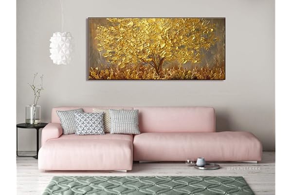 Orlco Art Décoration Murale Peinte à la Main Paysage Fleur Art Abstrait Palette Couteau Doré Blossom Peinture à l'huile sur Toile Famille Salon Art Mural Décoration Murale Doré tendue,24X48inch