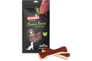 Rosewood Chewy Bones Canard Medium – Friandise à mâcher pour Chien, Peau de bœuf avec Canard, Aide aux Soins dentaires, sans céréales ni Gluten, sans additifs artificiels, 80 g