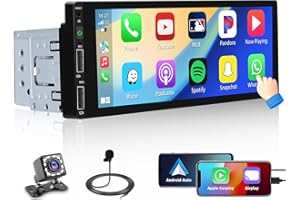 Hikity Radio samochodowe 1 Din Carplay Android Auto 6,9 cala, ekran dotykowy, radio Bluetooth, radio samochodowe stereo z lustrem Link FM, radio USB/EQ, sterowanie kierownicą, kamera cofania
