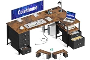 Coleshome Computer Corner Desk with Drawers, 140×80 cm L Shaped Office Desk with Power Outlet, Reversible Study PC Table with Storage for Bedroom, Vintage Brown