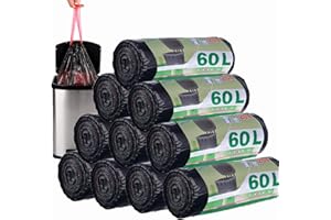 ASelected 200 Stück 50-60L Müllbeutel Mit Zugband, Müllsäcke Mülltüten mit Tragegriff Super Auslaufsicher 10 Rollen, Abfallsack Mit Zugband 60 Liter Groß 71 x 64 cm Schwarz