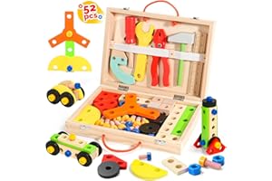 TONZE Caisse a Outil Enfant Jouet Enfant 3 4 5 Ans, Jouets en Bois Jeux de Construction Bricolage Enfant Boite a Outil Enfant pour Garçons Filles, Cadeau Enfant Garçon Fille 3 4 5 Ans(52 Pièces)