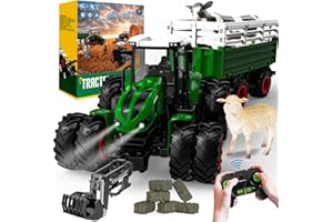 PENGBU RC Tracteur Telecommandé Enfant 3 4 5 6 Ans, Tracteur Telecommande Jouet 2.4 GHz, RC Vache, Mouton et Botte de Foin, Inclut Remorque