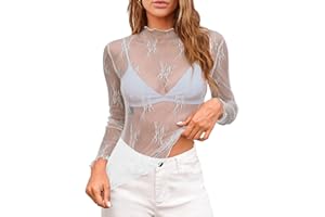 NMSLCNM T-Shirt Transparent Femme en Dentelle Florale Haut en Mesh Clubwear Tshirt Manche Longue Chemisier Haut Femme Chic et Élégant T-Shirt Transparent Dentelle Haut en Maille