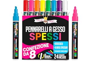 Chalky Crown - Pennarello Lavagna Cancellabili con Punta Grossa - Pennarelli a Craie Liquida per Lavagne - Colori Intensi, Punta Reversibile 6 mm (8 Pezzi) - 24 Etichette per Lavagna Incluse
