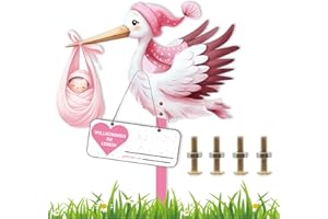 RWBIMTI Storch Geburt für Draussen Mädchen, Rosa Holzstorch Klapperstorch zur Geburt Draußen, Baby Storch Geburt, Geburtsstorch Beidseitig Bedruckt inkl Holzstab und Namensschild mit Grußkarte (B Pink)