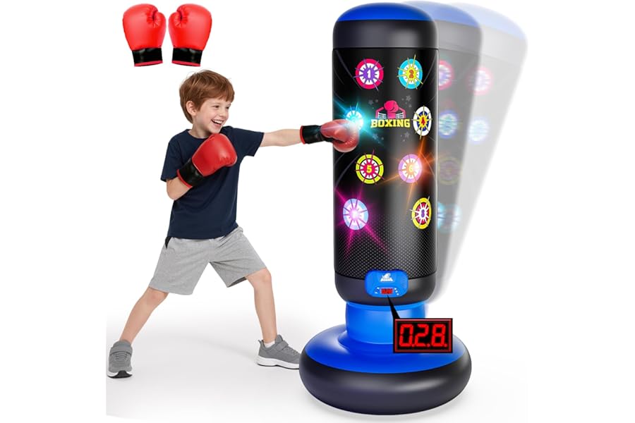 Interactive Punching Bag for Kids, Boxing Bag with Music & Light 4-Mode Game, Inflatable Punch Bag with Gloves, Kids Gym Equipment, Boxing Gifts Toys for 6 7 8 9 10 11 12 Year Old Boys