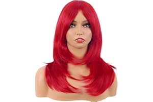 MapofBeauty 20 Pulgada/50 cm Largo Layered Pelucas Con Flequillo Lacio Sintética Fibras Shoulder Largo Cabello Para Diario Fiesta (Brillante Rojo)