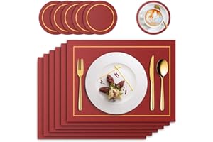 Mivcinn Placemats and Coaster Sets 6, Table Mats Heat Insulation PVC Leather Place Mats Home Kitchen Restaurant And Hotel, 41x31cm, Red