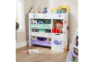 Home Source Children’s Storage Unit with Shelves, Cupboard & 9 Fabric Drawers – Kids’ Bedroom Furniture with Sealife Animal Design – Toy Organiser & Book Storage