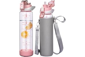 Seekua sportowa butelka na napoje, 1 l, ze słomką i znacznikami czasu, szczelna, bez BPA, motywacyjna, z pokrowcem ochronnym, do smoothie, do napojów gazowanych