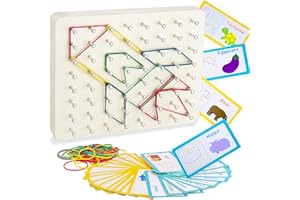 VingaHouse Geoboard de Madera, Montessori Juguetes 3 4 5 Educativos Geometría Geoboard Escuela Primaria con 30 Cartas de Patrón 53 Bandas Elásticas para Crear Figuras y Formas per Niños de 3 4 5 6