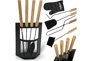 holz4home® Kaminbesteck 6-tlg. Schwarz mit Holzgriff inkl. Ofenhandschuh hitzebeständig I Kaminset Kamingarnitur Ofenbesteck Schürhaken Besen Ascheschaufel