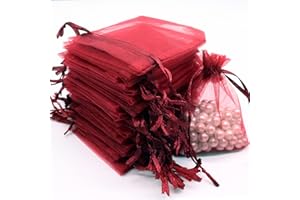 Leeyunbee 100 szt. 7 x 9 cm, czerwone wino torebki z organzy, torebki na prezenty z organzy, torebki na cukierki, torby na prezenty ślubne ze sznurkiem, używane na ślub, urodziny, Boże Narodzenie,
