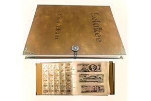 LELUKEE Portmonetka kolekcjonerska, album na banknoty zawiera 240 banknotów + 150 kieszeni na monety, banknoty na monety pamiątkowe materiały do zbierania albumów skórzanych, odporne na wilgoć