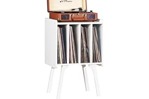 LELELINKY Wooden Record Stand with 4 Cabinets, Mid-Century Vinyl Player Table, Holds up to 100 Albums, White Vinyl Record Shelf for Bedroom, Living Room
