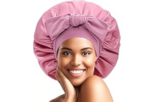 DROKENLE Satin Bonnet Silk Bonnet for Sleeping Women Hair Bonnet Night Sleep Cap Satin Hair Bonnets with Tie Band Large Size Hair Cap for Thick Curly Hair Braid (Bean Paste)