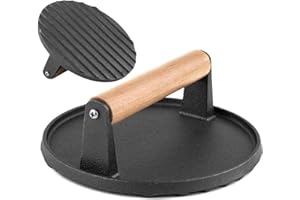 ZYKPHAO 7-Inch Smash Burger Press for Griddle，Heavy Cast Iron Bacon Press with Solid Wood Handle，Grill Press for Hamburger, Bacon, Meat, Steak, Patty, Sandwich, Barbecue Grilling Tool