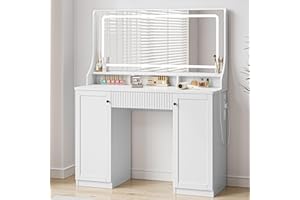 Dripex Dressing Table with Large Mirror and LED Lights, Bedroom Makeup Vanity Desk with Power Strip, 3-Color Dimmable Lights, 1 Drawer, 2 Cabinets, 3 Open Compartments,110x40x135cm, White