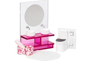 LUNDBY Dolls House Furniture Bathroom Set – Mirror Vanity Unit with 2 Sinks + Toilet – Doll House Accessories – 5-piece set for 11cm Mini Dolls – Age 4+ 1:18
