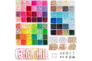 VAKOWOO 9000+ Pcs Clay Beads Bracelet Making Kit, 72 Colours Flat Round Polymer Clay Beads DIY Jewellery Making Kit for Bracelet, Earring, Necklace Making, for Friends, 3 Boxes