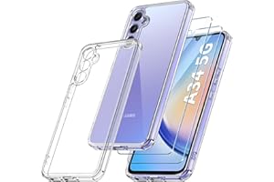 Qasyfanc Handyhülle Kompatibel mit Samsung Galaxy A34 5G Hülle mit Kameraschutz und 2 Stück Schutzfolie, Hard PC Nie Vergilbung Case Transparent Militärschutz Kratzfest Fallschutz Schutzhülle, Klar
