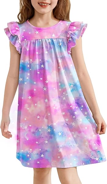 Arshiner Mädchen Nachthemd Flatterärmel Schlafkleid Kinder Sommer Kurzarm Schlafanzug Kleid Niedlichen Rundhals Nachtkleid 5-14 Jahre - 1