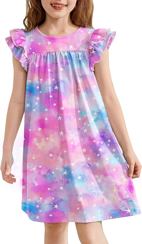 Arshiner Mädchen Nachthemd Flatterärmel Schlafkleid Kinder Sommer Kurzarm Schlafanzug Kleid Niedlichen Rundhals Nachtkleid 5-14 Jahre