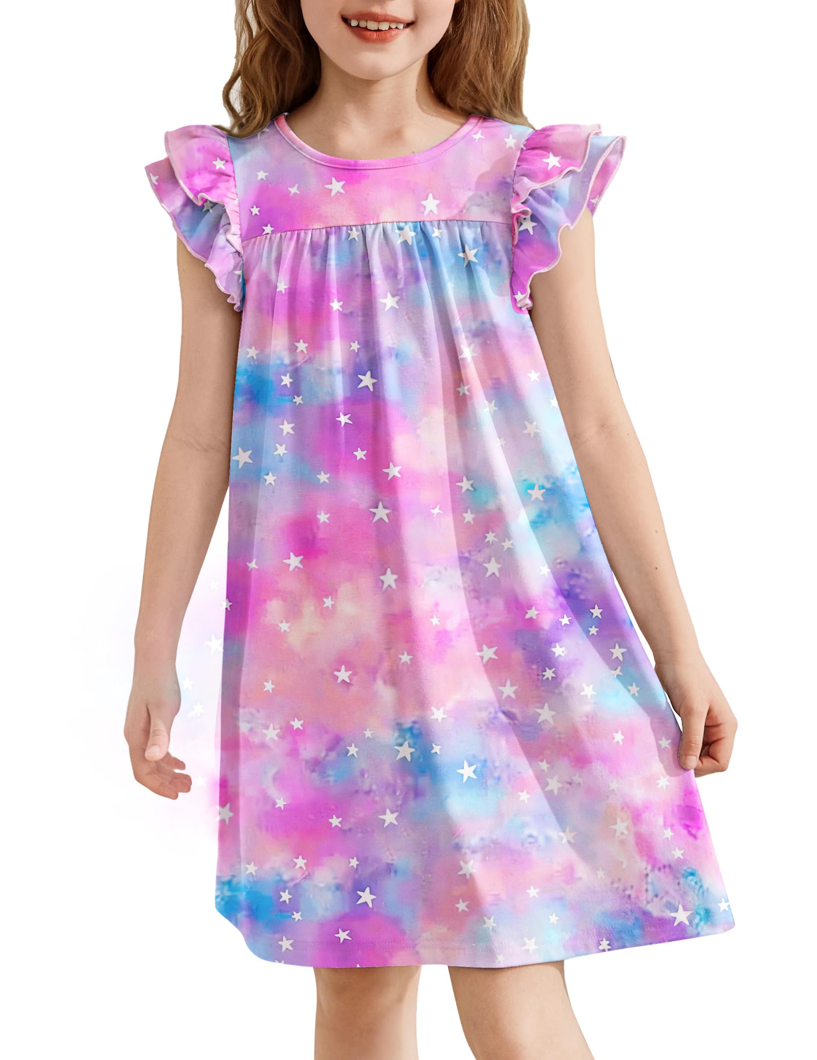 Arshiner Mädchen Nachthemd Flatterärmel Schlafkleid Kinder Sommer Kurzarm Schlafanzug Kleid Niedlichen Rundhals Nachtkleid 5-14 Jahre - 1