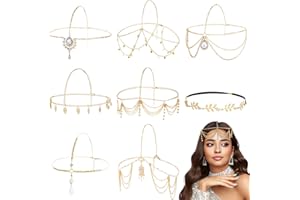 Dizila 8 Pieces Gold Head Chains with Rhinestone Pearl Leaf Coin Festival Prom Wedding Bridal Jewelry Boho Headbands Tassel Forehead Chain Hair Bands Headwear Headpieces for Women Girls