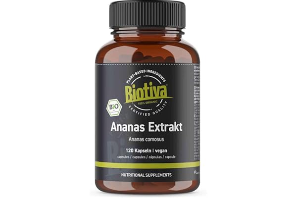 Extrait d'ananas Bio 120 Gélules - 500mg - Bromélaïne - Enzyme naturelle d'ananas - Végan - Conditionné et contrôlé en Allemagne - Biotiva