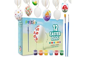 Festicy Plastikowe jajka wielkanocne do malowania, 12 białych plastikowych jajek wielkanocnych do zawieszenia, ze złotą taśmą, w zestawie 6 farb akrylowych i 2 pędzle, na prezent wielkanocny, dla