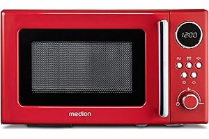 MEDION Micro-ondes rétro (20 litres, env. 800 watts, 5 niveaux de micro-ondes, affichage numérique, fonction décongélation, compact) rouge