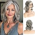 White Mixed Gray Wig for Women Medium Length Curly Layered Wig Natural Looking Heat Synthetic Middle Part Gray Wigs for Daily Party Use