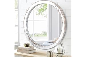 JJUUYOU Espejo circular de pared redondo de 40 cm para baño, espejo circular blanco para baño, espejo circular montado en la pared, marco de madera, espejo colgante para sala de estar, dormitorio,