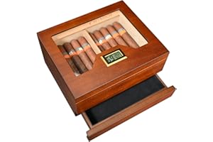 ‎VOLENX Volenx Humidor Cigars, Handmade Humidor with Hygrometer and Humidifier, Cedar Wood Cigar Humidor with Accessory Drawer for 25-30 Cigars, Matte Brown Paulownia Wood Grain (No Cigar)