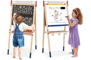 COSTWAY Cavalletto per Bambini 3 in 1, Lavagna Bifacciale, Cavalletto per Disegnare, con Rotolo di Carta, Lavagna Bianca Magnetica, Accessori Completi, in Legno (60x55x(112,5-124,5) cm)